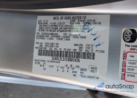2012 Lincoln Mkz Hybrid z USA, uszkodzony, nr VIN 3LNDL2L31CR803426